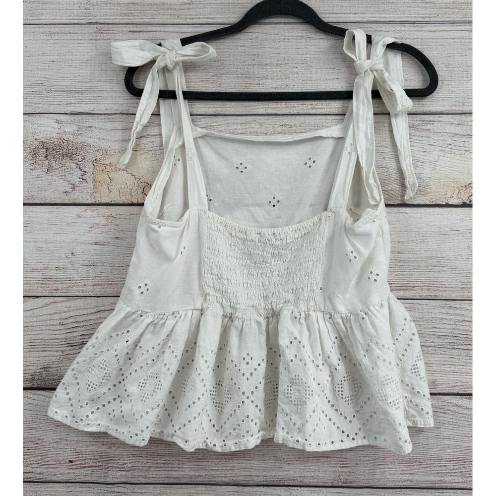 Madewell Eyelet Peplum Tank Top Womens Large White Tie Shoulder Smocked - Picture 2 of 8